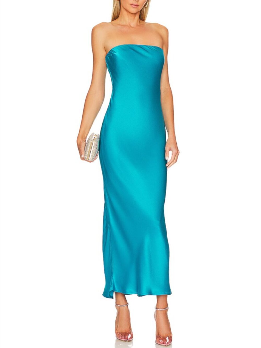 Strapless Teal Satin Column Dress